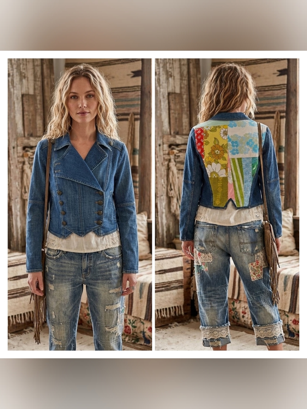 Free People Upcycled Patchwork Military Band Jean Jacket Size XS